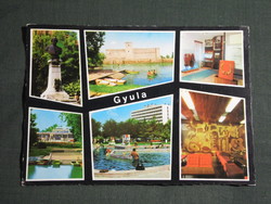 Képeslap,Gyula,mozaik,Vár,csónakázó tó,várfürdő strand,üdülő,szálló,Erkel szobor,részlet, 1983-