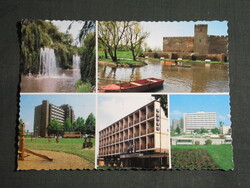 Képeslap,Gyula,mozaik,Vár,várfürdő strand,üdülő,szálló,park,Körös látkép,részlet, 1986-