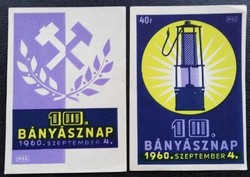 Gyb19 / 1960 10. Bányásznap gyufacímke pár nagy méret 95x67 mm kis példányszámú kiadás