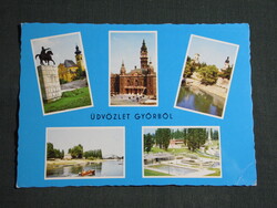 Képeslap,Győr,mozaik,Rába part,Püspökvár,Duna,strand,emlékmű,városháza látkép,részlet,1973-