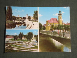 Képeslap,Győr,mozaik,Rába part,Püspökvár,templom,híd,strand,emlékmű látkép,részlet,1979-
