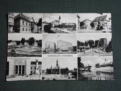 Képeslap,Győr,mozaik,Püspökvár,Duna híd,Rába,szálló,emlékmű,utca,vasútállomás látkép,részlet,1973-