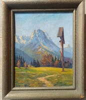 Kereszt a dombon - antik olaj / karton festmény