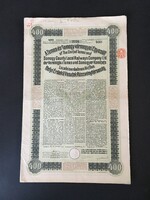 Temes és Somogy-Vármegyei  Egyesült Helyi Érdekűi Vasutak Részvénytársaság Kötvény 1913.