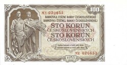 100 korun korona 1953 Csehszlovákia aUNC egy sarok hajlás