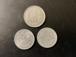 Lengyelország 1 Zloty, két darab 50 Groszy
