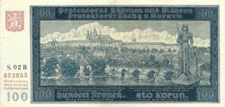 100 korun korona kronen 1940 I. kiadás Cseh Morva Protektorátus Nem perforált 3.