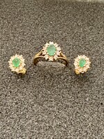 18,K Arany 1,20 ct Bril, 0,90 Smaragd centerkő gyűrű fülbevaló szett
