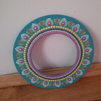 ÚJ! Türkiz koszorú mandala díszítéssel, kézzel festett, 19cm átmérőjű