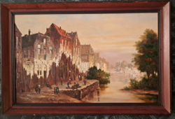 Vojnits Richárd (1942-): hangulatos életkép 50 x 80 cm festmény