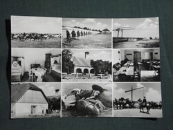 Képeslap,Hortobágy,mozaik,Csárda,kilenclyukú híd,ménes,csikós,pásztormúzeum látkép,részlet, 1969-