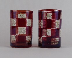1S873 Antik pepita mintás Biedermeier bíborpácolt fújt üveg pohár pár