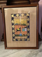 2 antique Persian gouache technique hunting scene paintings
