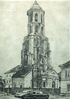 Kádas István: Kapisztrán téri templom (rézkarc) Mária Magdolna-templom, Budai Vár, I. kerület,