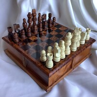 Sakk intarzia tuja ében sakktábla figura rekeszes tároló társasjáték go fafaragás