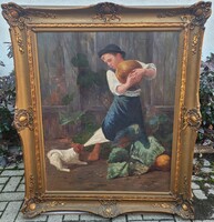 Peske Géza (1859 - 1934) - A kis Dinnye Tolvaj HATALMAS Olaj - Vászon Festmény