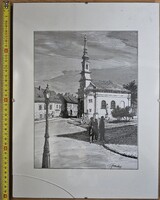 Gazdag József utcakép tus-akvarell festmény