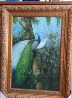 Large Peacock Oil/Canvas Painting - Beautiful Frame - Unknown Artist