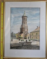 Gazdag József utcakép tus-akvarell festmény