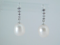 Gyöngy Ezüst 925 Lógós Fülbevalók 11 mm-es Fehér Gyöngyökkel, Kövekkel díszített
