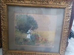 Antique Neogrády Antal girl in poppy field, gilded frame, large watercolor