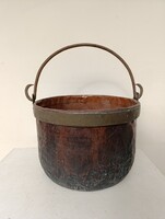 Réz üst antik bogrács konyhai vörösréz nagy nehéz üst edény sárgaréz peremmel vas füllel 974 1446