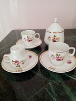 Hollóházi porcelán hiányos kávés készlet 3 db csésze, 4 db csészealj, 1  cukortartó  vadrózsa mintás