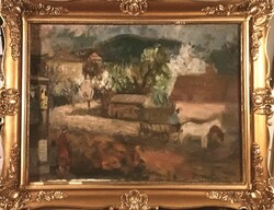 Tallós Ilona (1918-1991) Tabáni életkép. Olaj/vászon, 60x80cm plusz keret. Kiállításon szerepelt!