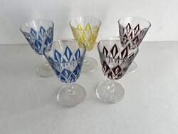 Régi, vintage francia VMC Reims boros, likőrös, színes kristály pohár készlet