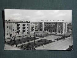 Képeslap,Komló,Petőfi tér,park,Fűszer csemege üzlet látkép,részlet, 1956-
