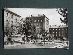 Képeslap,Komló,Zrínyi tér,park,szobor,Ikarus autóbusz,Csepel teherautó látkép,részlet, 1966-