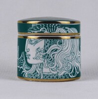 1U342 Szász Endre mintás aranyozott, zöld Hollóházi porcelán tégely