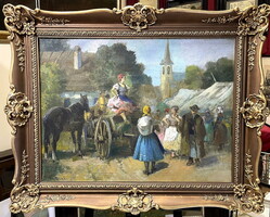 Nagyméretű Burchard Bélaváry István (1864-1933) festmény: Piaci jelenet