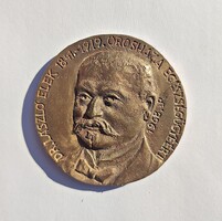 Dr. László Elek 1841-1919 Orosháza egészségügyéért, 1968 J.R. jelzéssel bronz plakett