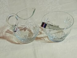 Üveg kristályüveg tej kiöntő és cukortartó csipesszel csiszolt