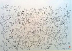 Nagyméretű Für Emil grafika 2007-ből: "A gésa látogatása Mephistóéknál"