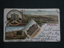 Képeslap,litho,Pécs,Zsinagóga templom,Tettye várrom,takarékpénztár,Karl M. kiadás Pécs 1899