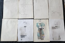 1928 DIVATTERVEZŐ JELMEZTERVEZŐ KÉZI RAJZOTT KÉP GRAFIKA DIVAT - JELMEZ TERV 8 DB ALKOTÁS
