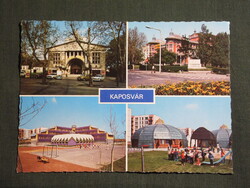 Képeslap,Kaposvár,mozaik,mozi,színház,iskola,óvoda,játszótér látkép,részlet, 1983-