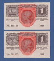 1 Korona 1916 Deutschösterreich bélyegzés UNC 2 db sörszám követő Páros