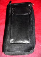 Szép fekete bőr gyöngyvászon bélésű sok férőhelyes kettőterű UNISZEX pénztárca 21x10cm képek szerint