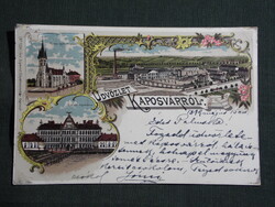 Képeslap,litho,Kaposvár,Róm. kat. templom,Cukorgyár,Gimnázium,Gerő Zsigmond kereskedés kiadás, 1899-