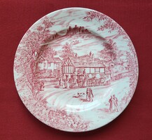 Broadhurst Staffordshire angol jelenetes bordó rózsaszín porcelán kistányér süteményes tányér