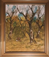 Szegvári Károly (1920-2002)  Vadászok az erdőben! Olaj/farost, mérete 60x50cm,  plusz keret. Jelzett