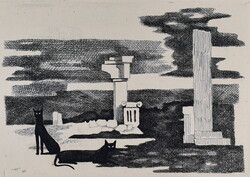 Duray Tibor (1912-1988) ÉJSZAKA " Antik romok macskákkal " 1966