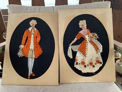 1960 körüli kézzel hímzett és festett vintage textilképek elegáns rokokó stílusban, nemesi pár