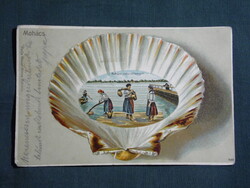 Képeslap,Mohács,litho,Mohácsi vízhordó lányok,Rév kikötő,Duna part,Weiser Miksa kiadás,1907- ,sérült