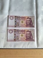 2 db sorszámkövető 10.000.-ft-os bankjegy