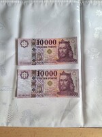 2 db sorszámkövető 10.000.-ft-os bankjegy