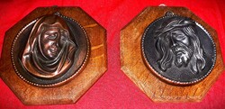 Gyönyörű réz fém dombormű fali plakettek + faalap Mária és Jézus 10x10 cm EGYBEN a képek szerint